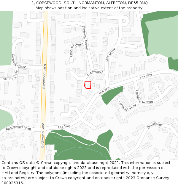 1, COPSEWOOD, SOUTH NORMANTON, ALFRETON, DE55 3NQ: Location map and indicative extent of plot