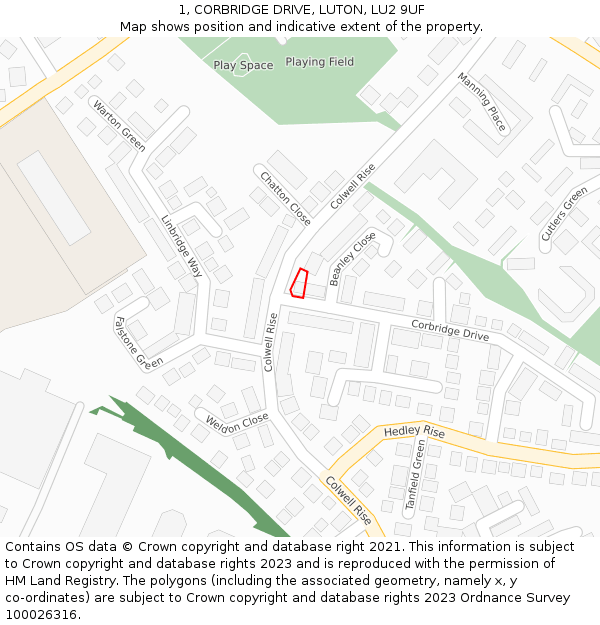 1, CORBRIDGE DRIVE, LUTON, LU2 9UF: Location map and indicative extent of plot