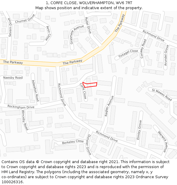 1, CORFE CLOSE, WOLVERHAMPTON, WV6 7RT: Location map and indicative extent of plot