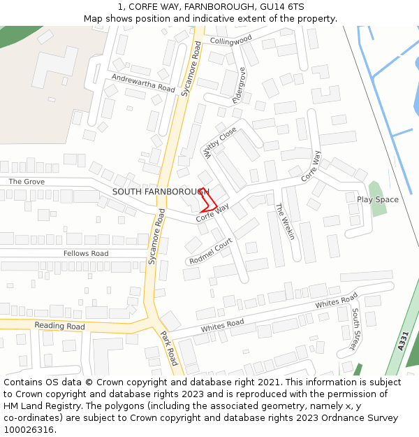 1, CORFE WAY, FARNBOROUGH, GU14 6TS: Location map and indicative extent of plot