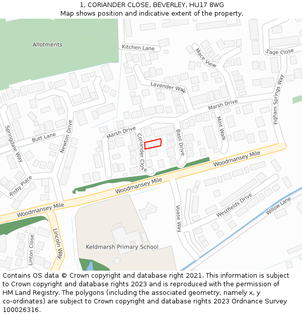 1, CORIANDER CLOSE, BEVERLEY, HU17 8WG: Location map and indicative extent of plot