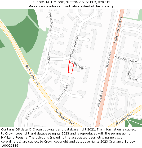 1, CORN MILL CLOSE, SUTTON COLDFIELD, B76 1TY: Location map and indicative extent of plot