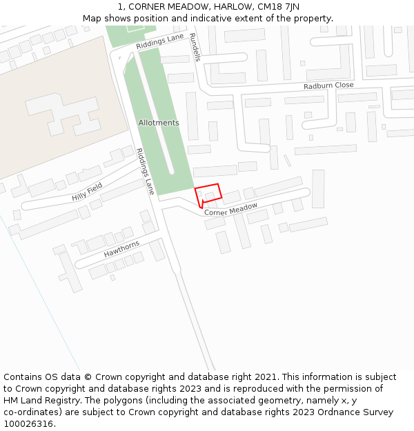 1, CORNER MEADOW, HARLOW, CM18 7JN: Location map and indicative extent of plot