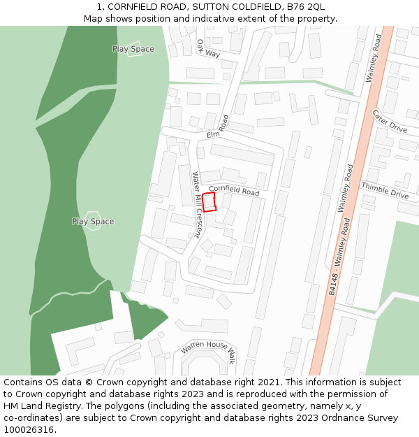 1, CORNFIELD ROAD, SUTTON COLDFIELD, B76 2QL: Location map and indicative extent of plot