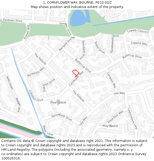 1, CORNFLOWER WAY, BOURNE, PE10 0QZ: Location map and indicative extent of plot