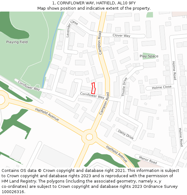 1, CORNFLOWER WAY, HATFIELD, AL10 9FY: Location map and indicative extent of plot