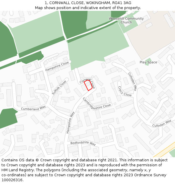 1, CORNWALL CLOSE, WOKINGHAM, RG41 3AG: Location map and indicative extent of plot