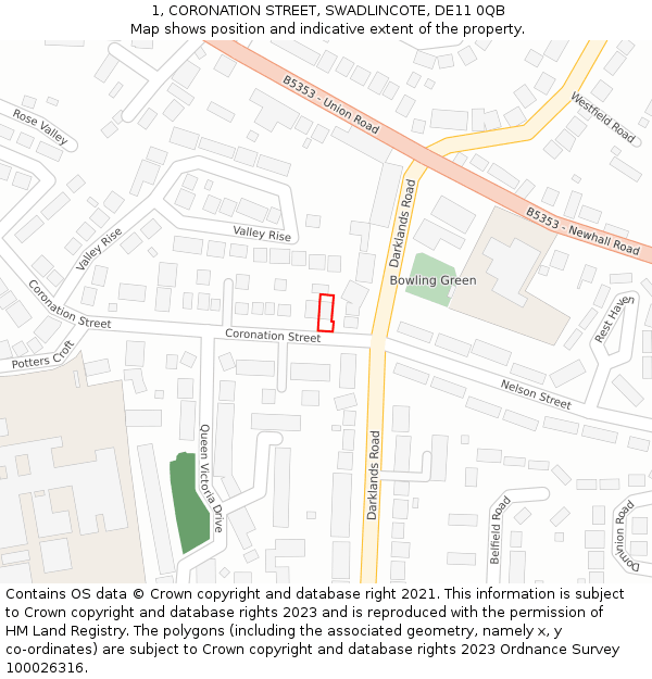 1, CORONATION STREET, SWADLINCOTE, DE11 0QB: Location map and indicative extent of plot