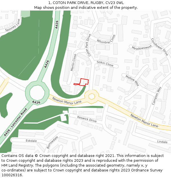 1, COTON PARK DRIVE, RUGBY, CV23 0WL: Location map and indicative extent of plot