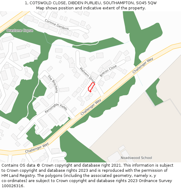 1, COTSWOLD CLOSE, DIBDEN PURLIEU, SOUTHAMPTON, SO45 5QW: Location map and indicative extent of plot