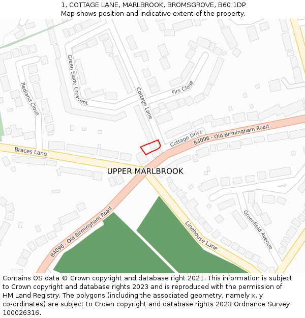 1, COTTAGE LANE, MARLBROOK, BROMSGROVE, B60 1DP: Location map and indicative extent of plot