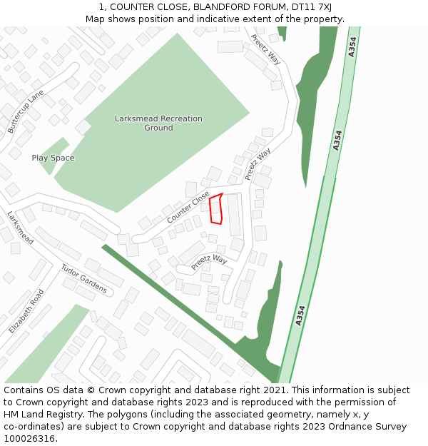 1, COUNTER CLOSE, BLANDFORD FORUM, DT11 7XJ: Location map and indicative extent of plot