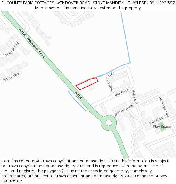 1, COUNTY FARM COTTAGES, WENDOVER ROAD, STOKE MANDEVILLE, AYLESBURY, HP22 5SZ: Location map and indicative extent of plot