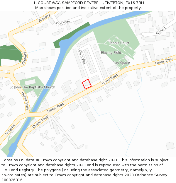 1, COURT WAY, SAMPFORD PEVERELL, TIVERTON, EX16 7BH: Location map and indicative extent of plot