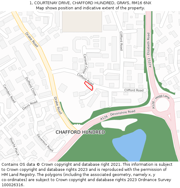 1, COURTENAY DRIVE, CHAFFORD HUNDRED, GRAYS, RM16 6NX: Location map and indicative extent of plot