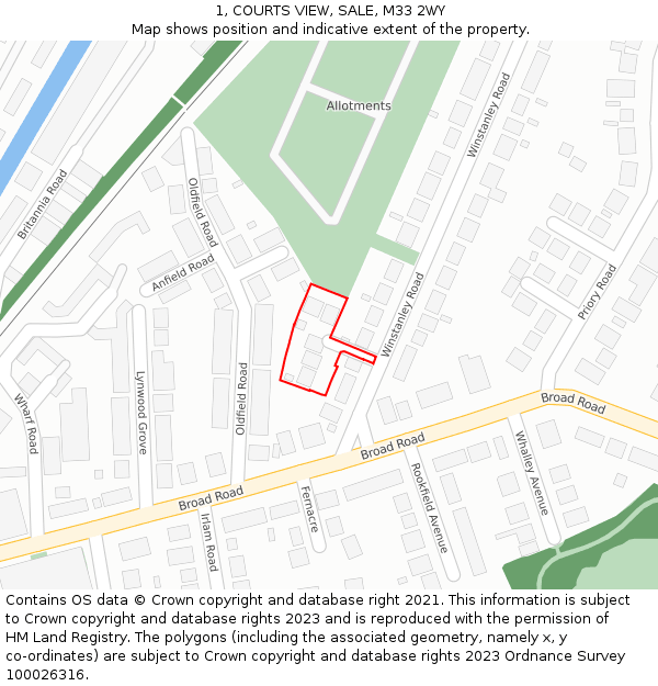 1, COURTS VIEW, SALE, M33 2WY: Location map and indicative extent of plot