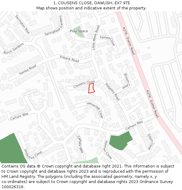 1, COUSENS CLOSE, DAWLISH, EX7 9TE: Location map and indicative extent of plot