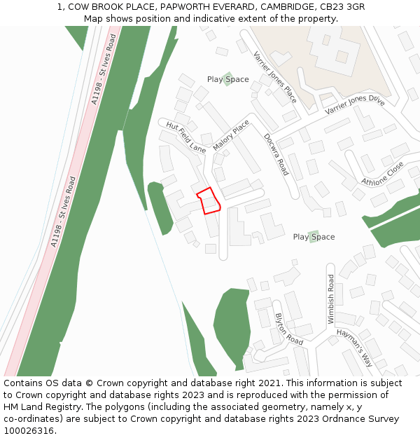 1, COW BROOK PLACE, PAPWORTH EVERARD, CAMBRIDGE, CB23 3GR: Location map and indicative extent of plot