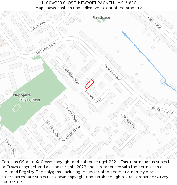 1, COWPER CLOSE, NEWPORT PAGNELL, MK16 8PG: Location map and indicative extent of plot