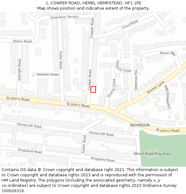 1, COWPER ROAD, HEMEL HEMPSTEAD, HP1 1PE: Location map and indicative extent of plot