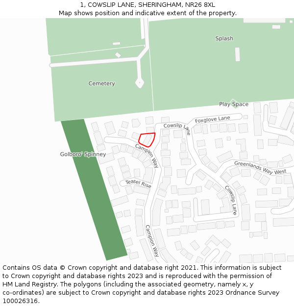 1, COWSLIP LANE, SHERINGHAM, NR26 8XL: Location map and indicative extent of plot