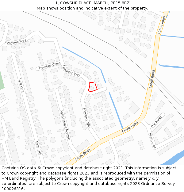 1, COWSLIP PLACE, MARCH, PE15 8RZ: Location map and indicative extent of plot