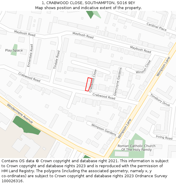 1, CRABWOOD CLOSE, SOUTHAMPTON, SO16 9EY: Location map and indicative extent of plot