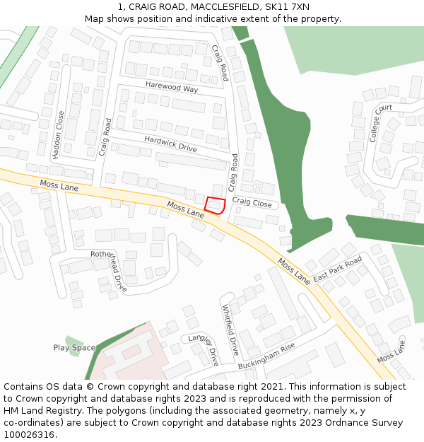 1, CRAIG ROAD, MACCLESFIELD, SK11 7XN: Location map and indicative extent of plot