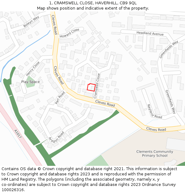 1, CRAMSWELL CLOSE, HAVERHILL, CB9 9QL: Location map and indicative extent of plot