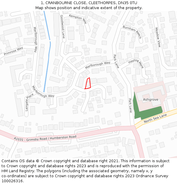 1, CRANBOURNE CLOSE, CLEETHORPES, DN35 0TU: Location map and indicative extent of plot