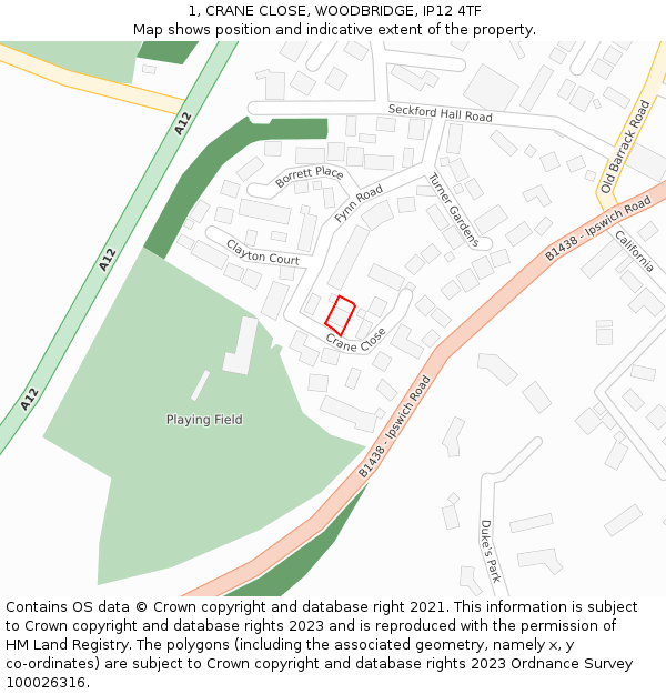 1, CRANE CLOSE, WOODBRIDGE, IP12 4TF: Location map and indicative extent of plot
