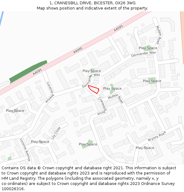 1, CRANESBILL DRIVE, BICESTER, OX26 3WG: Location map and indicative extent of plot