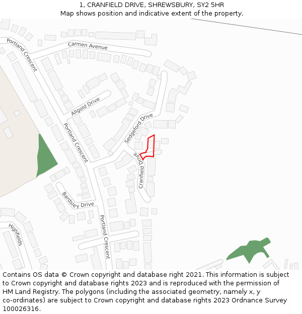 1, CRANFIELD DRIVE, SHREWSBURY, SY2 5HR: Location map and indicative extent of plot