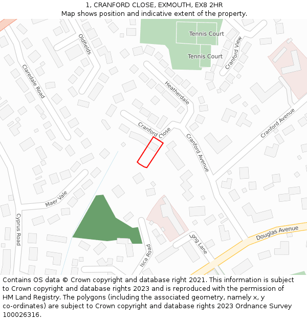 1, CRANFORD CLOSE, EXMOUTH, EX8 2HR: Location map and indicative extent of plot