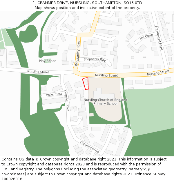 1, CRANMER DRIVE, NURSLING, SOUTHAMPTON, SO16 0TD: Location map and indicative extent of plot