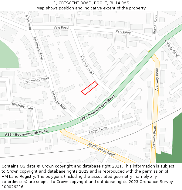 1, CRESCENT ROAD, POOLE, BH14 9AS: Location map and indicative extent of plot