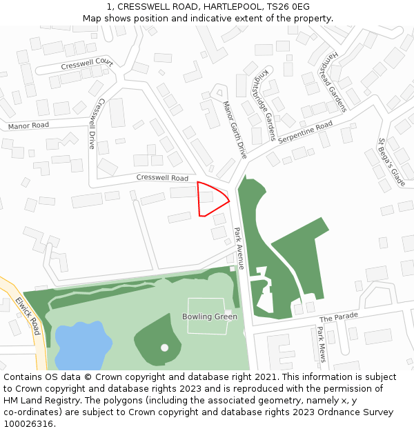 1, CRESSWELL ROAD, HARTLEPOOL, TS26 0EG: Location map and indicative extent of plot