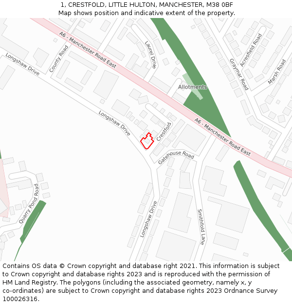 1, CRESTFOLD, LITTLE HULTON, MANCHESTER, M38 0BF: Location map and indicative extent of plot