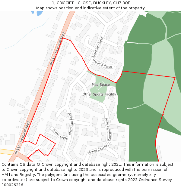 1, CRICCIETH CLOSE, BUCKLEY, CH7 3QF: Location map and indicative extent of plot