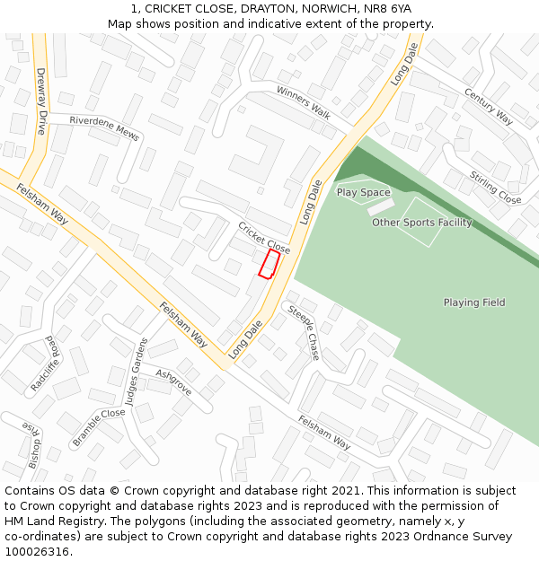 1, CRICKET CLOSE, DRAYTON, NORWICH, NR8 6YA: Location map and indicative extent of plot