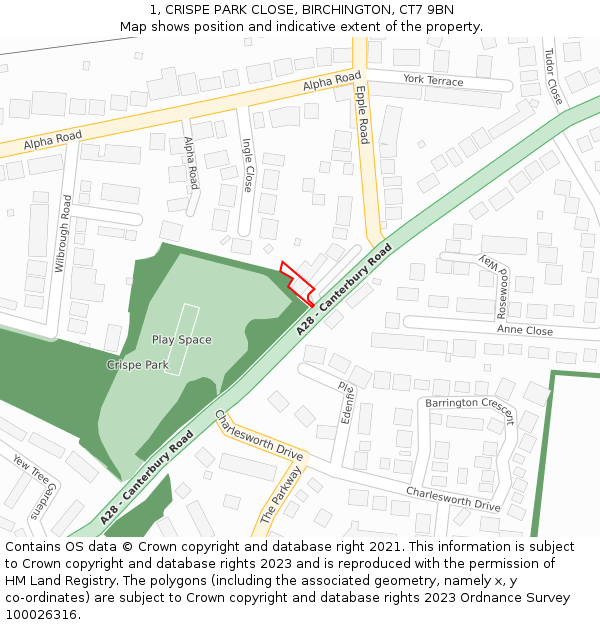 1, CRISPE PARK CLOSE, BIRCHINGTON, CT7 9BN: Location map and indicative extent of plot