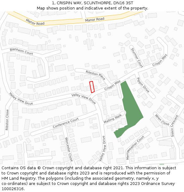 1, CRISPIN WAY, SCUNTHORPE, DN16 3ST: Location map and indicative extent of plot