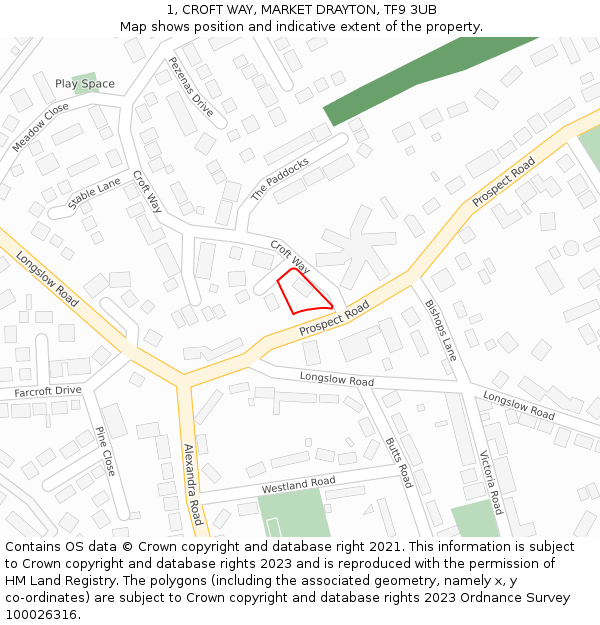 1, CROFT WAY, MARKET DRAYTON, TF9 3UB: Location map and indicative extent of plot