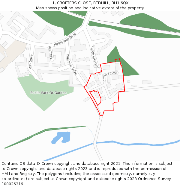 1, CROFTERS CLOSE, REDHILL, RH1 6QX: Location map and indicative extent of plot