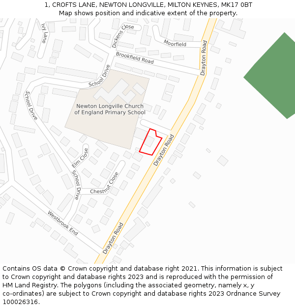 1, CROFTS LANE, NEWTON LONGVILLE, MILTON KEYNES, MK17 0BT: Location map and indicative extent of plot