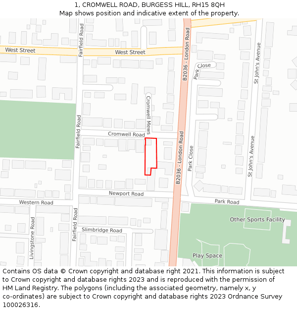 1, CROMWELL ROAD, BURGESS HILL, RH15 8QH: Location map and indicative extent of plot