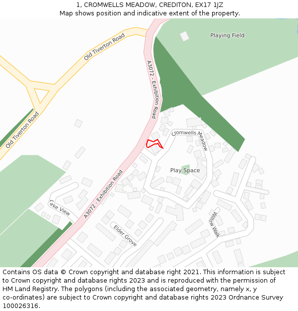 1, CROMWELLS MEADOW, CREDITON, EX17 1JZ: Location map and indicative extent of plot