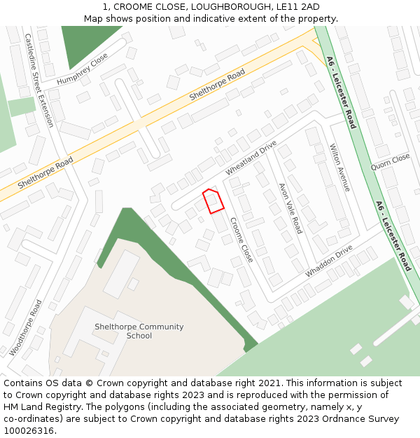 1, CROOME CLOSE, LOUGHBOROUGH, LE11 2AD: Location map and indicative extent of plot