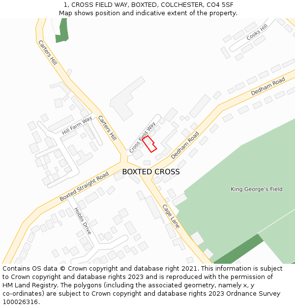 1, CROSS FIELD WAY, BOXTED, COLCHESTER, CO4 5SF: Location map and indicative extent of plot