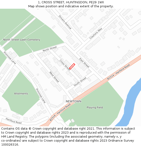 1, CROSS STREET, HUNTINGDON, PE29 1WX: Location map and indicative extent of plot